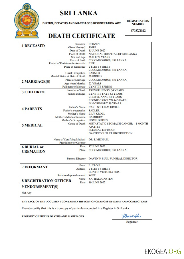 Modèle Word et PDF de certificat de décès de l'état civil du Sri Lanka